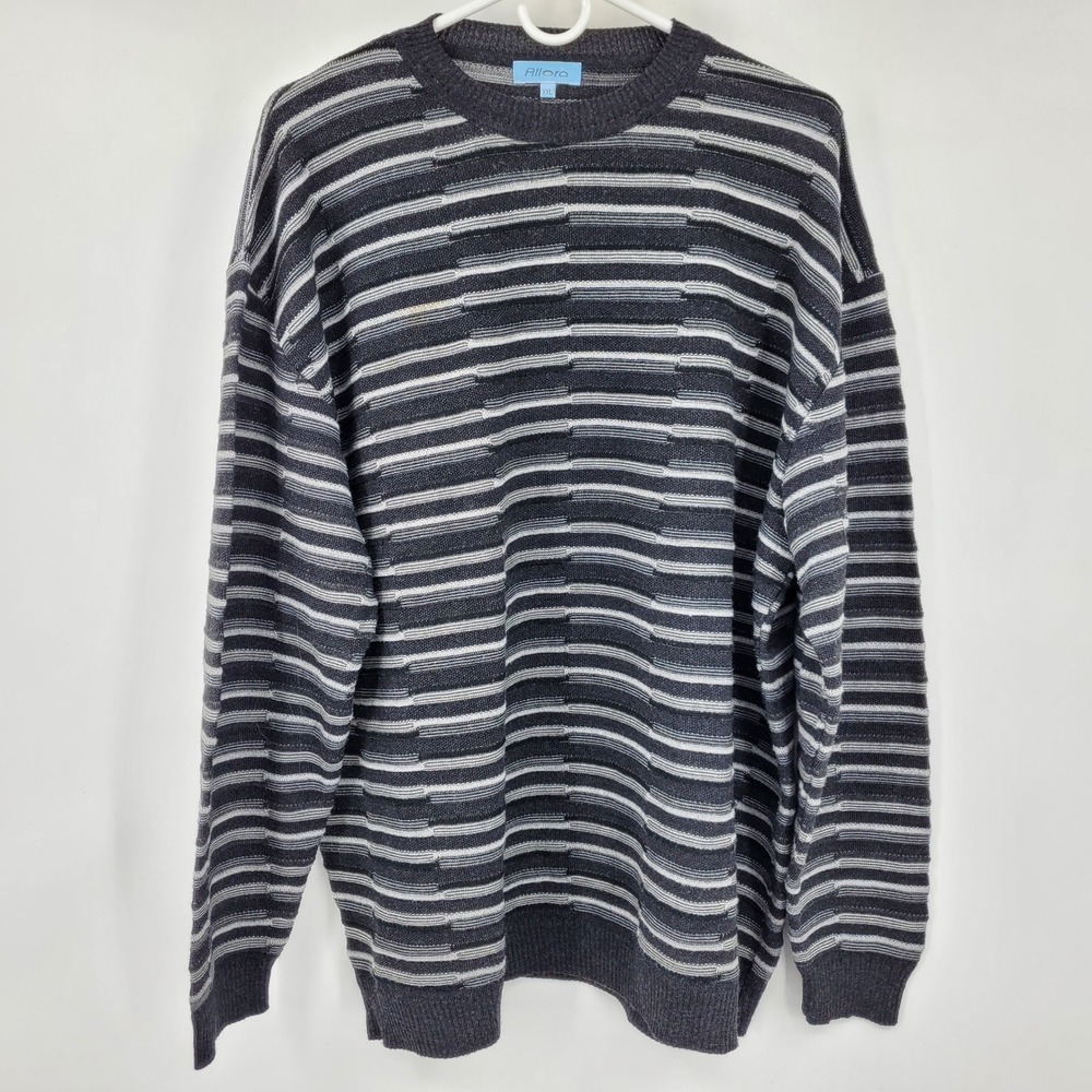 Vintage Allora XXL Wool Blend‎ Striped 3D Textured Knit Sweater Grey Italy 90s